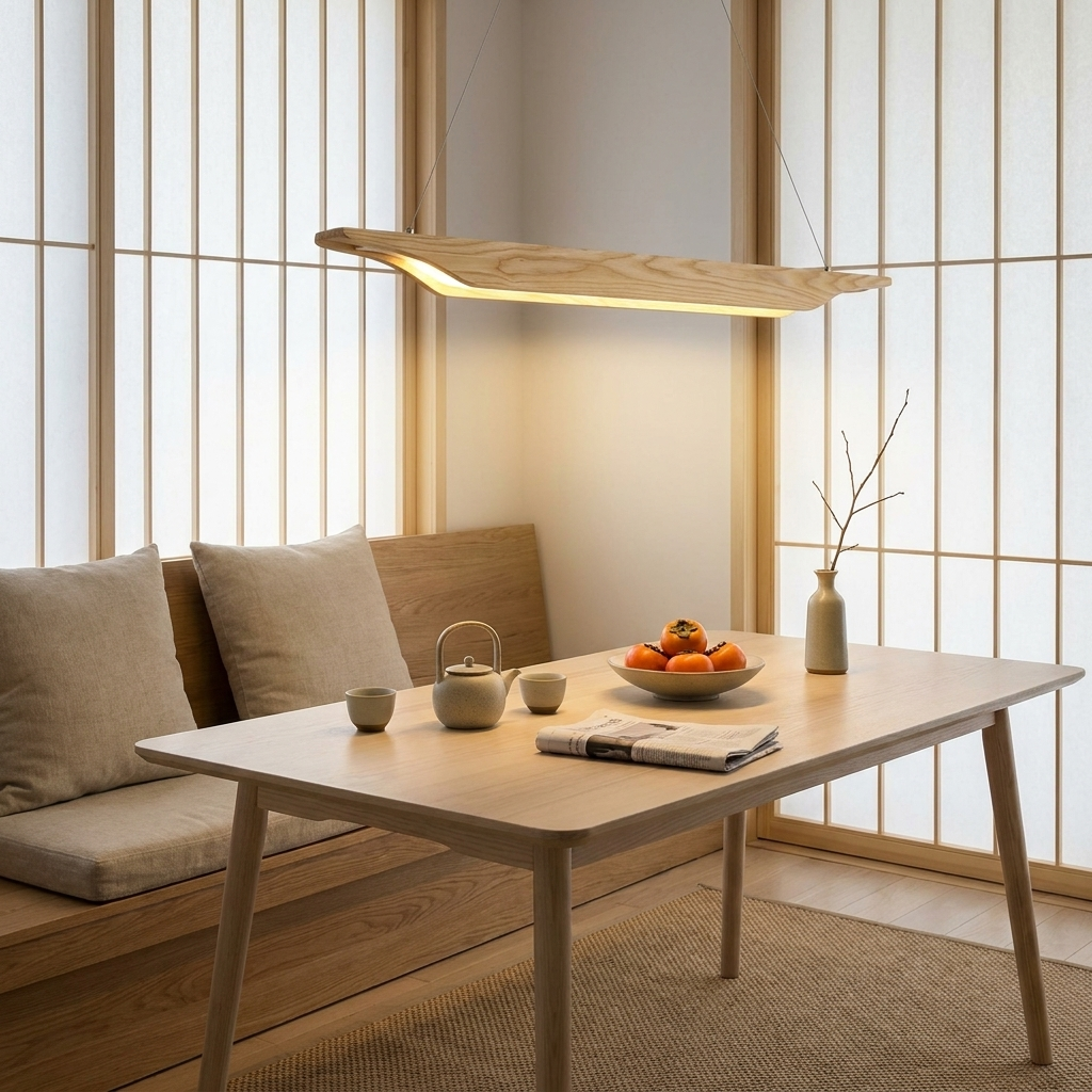 Sheridan natural wood linear LED pendant over a Japandi breakfast nook table
