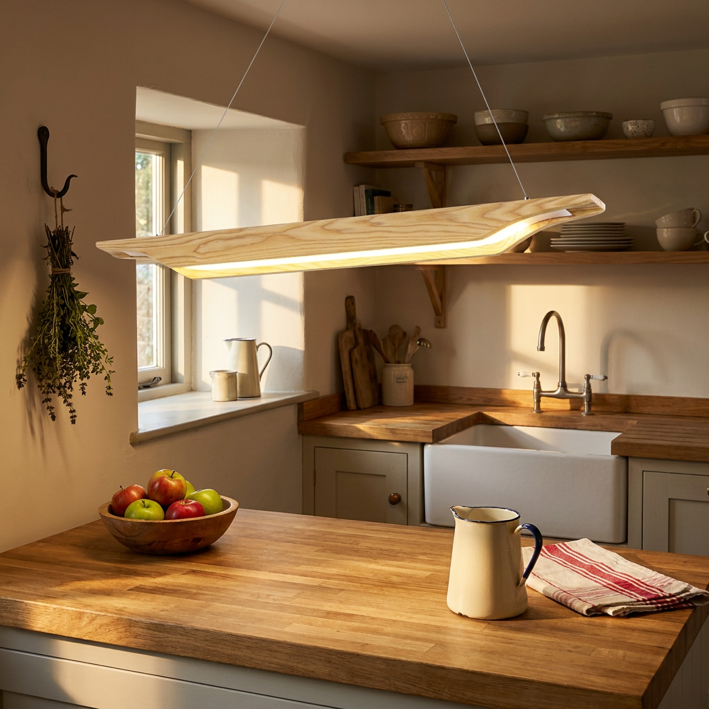 Sheridan natural wood linear LED pendant over a farmhouse kitchen worktop