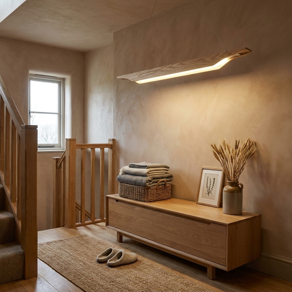 Sheridan natural wood linear LED pendant over a console on a timber landing