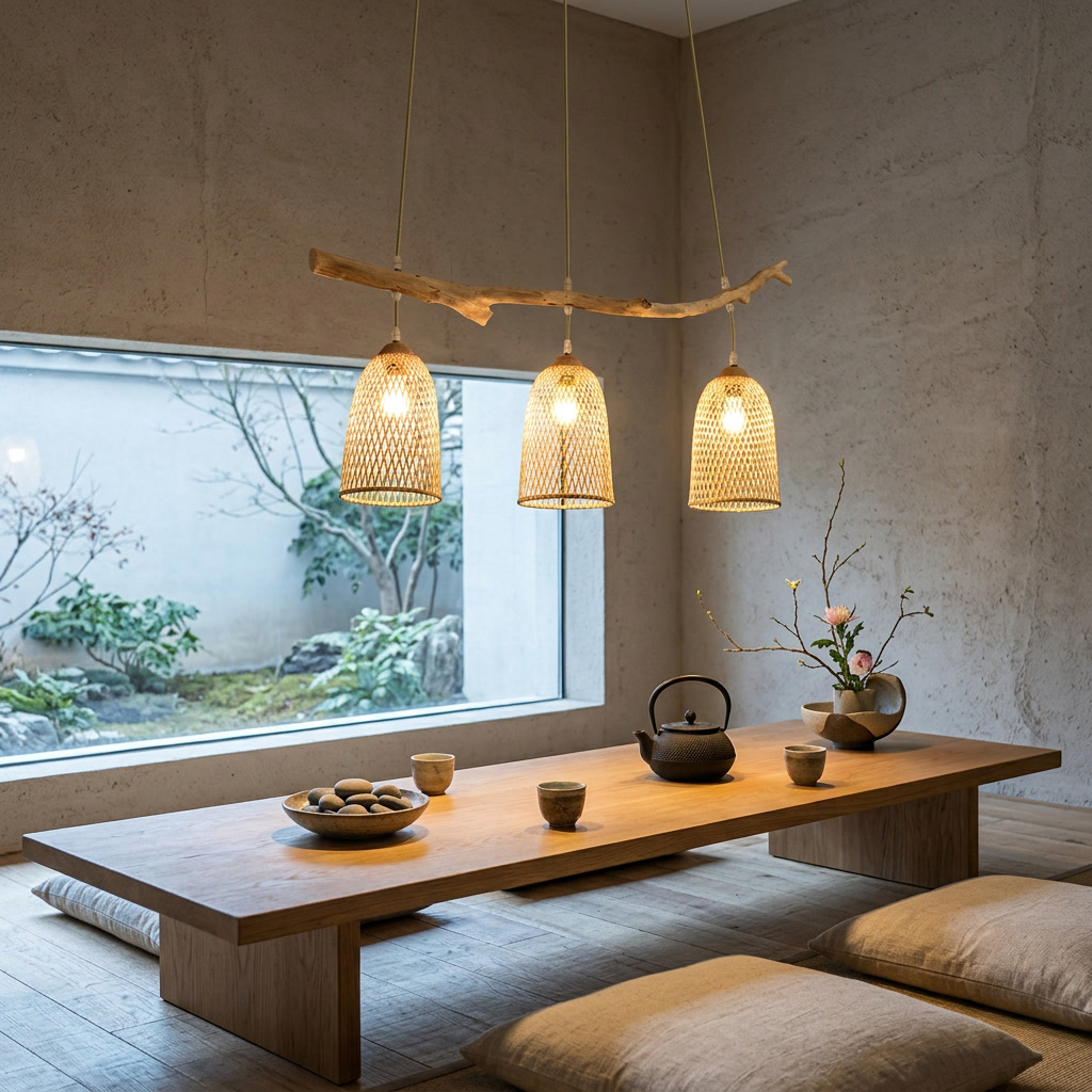 Ruskin natural bamboo three light chandelier over a Japandi tea room table