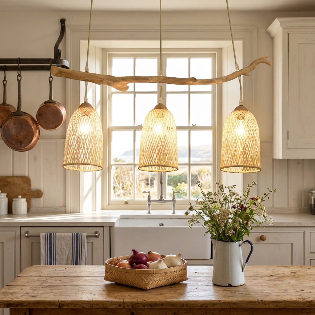 Ruskin natural bamboo three light chandelier in a coastal farmhouse kitchen