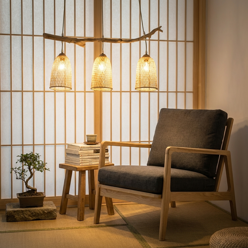 Ruskin natural bamboo three light chandelier over a Japandi reading corner