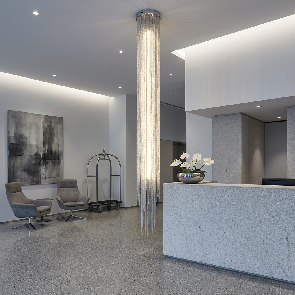 Solene silver chain tassel chandelier in a boutique hotel reception hall