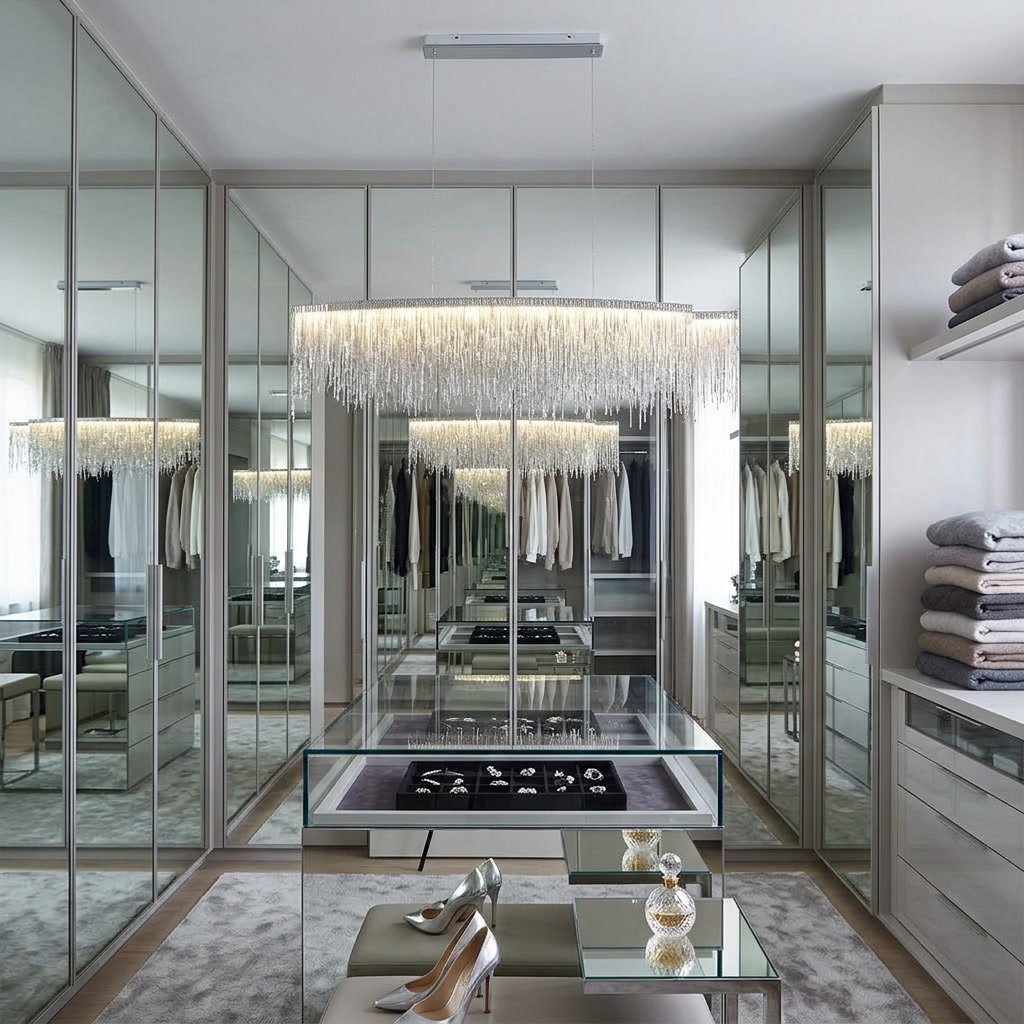 Solene silver chain tassel chandelier in a mirrored walk-in dressing room
