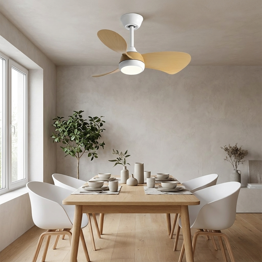 Manon white wood grain ceiling fan with light in a Scandinavian dining room with light oak table