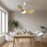 Manon white wood grain ceiling fan with light in a Scandinavian dining room with light oak table