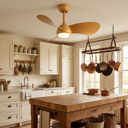 Manon full wood grain ceiling fan with light above a rustic farmhouse kitchen island