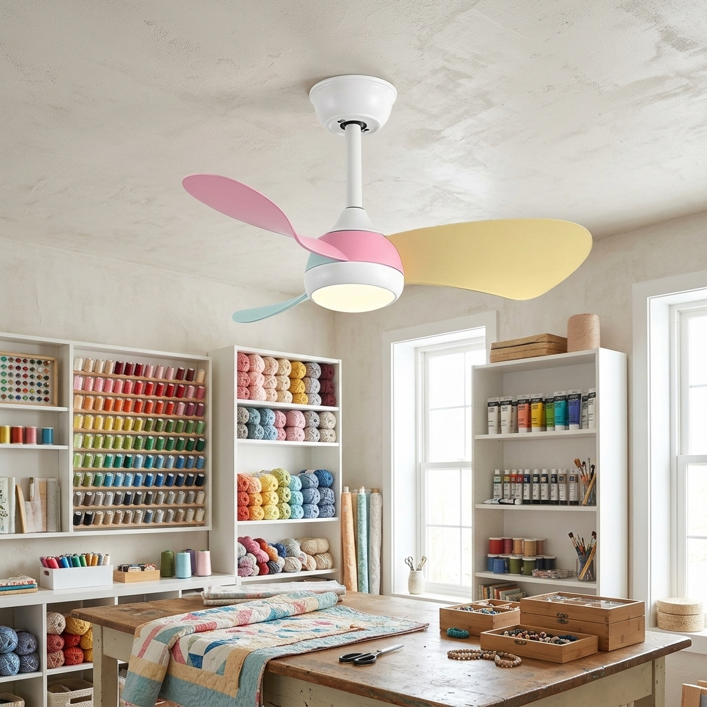 Manon ceiling fan with white frame and colorful leaf blades in a bright craft studio