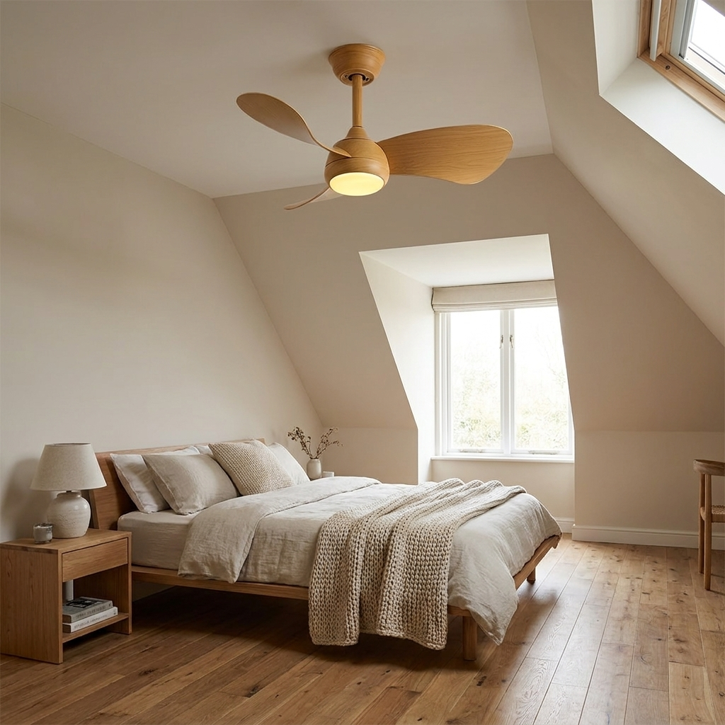 Manon full wood grain ceiling fan with light in an attic guest bedroom with sloped ceiling