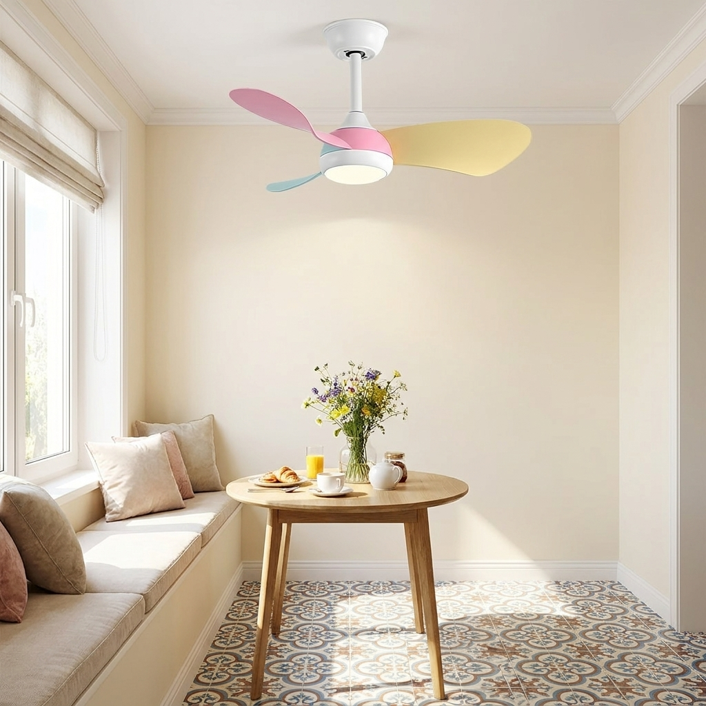 Manon ceiling fan with white frame and colorful leaf blades in a sunny tiled breakfast nook