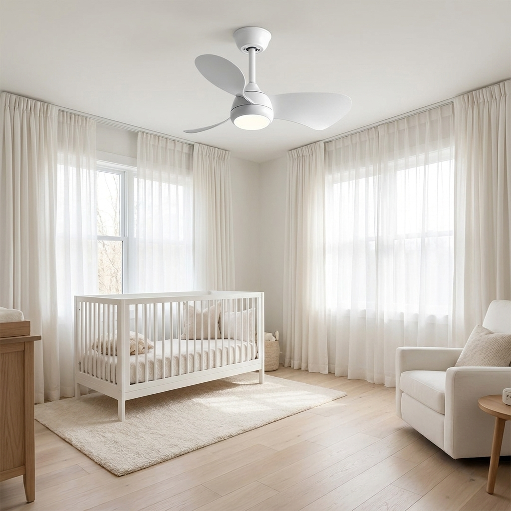 Manon retro Nordic ceiling fan with light in all white in an airy nursery with pale wood floors