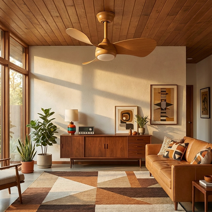Manon full wood grain ceiling fan with light in a mid century living room with walnut sideboard