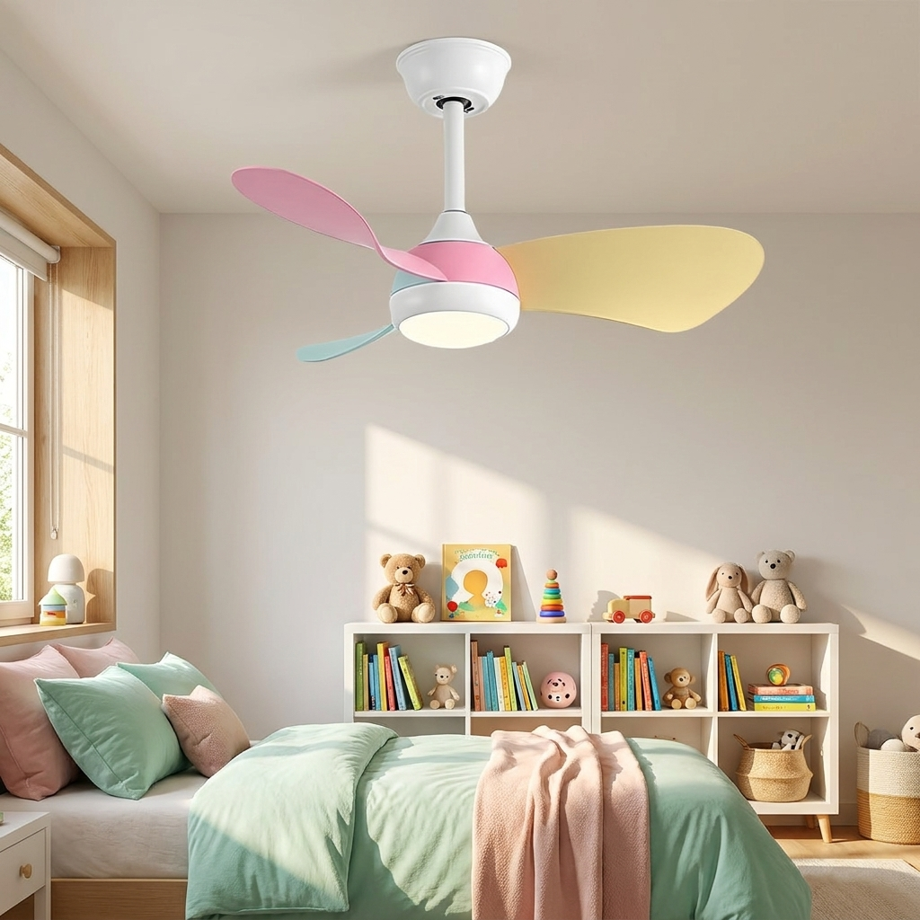 Manon ceiling fan with white frame and colorful leaf blades in a pastel children bedroom