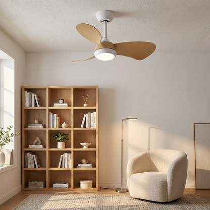 Manon white wood grain ceiling fan with light above a reading corner with oak bookshelves