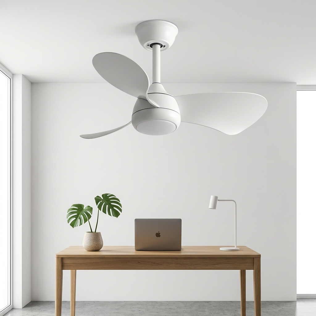 Manon retro Nordic ceiling fan with light in all white in a minimalist white home office
