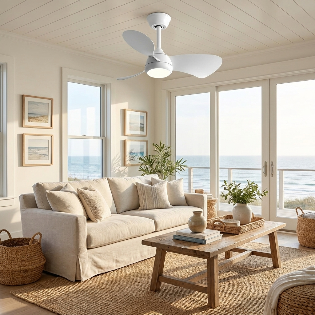 Manon retro Nordic ceiling fan with light in all white mounted in a bright coastal living room