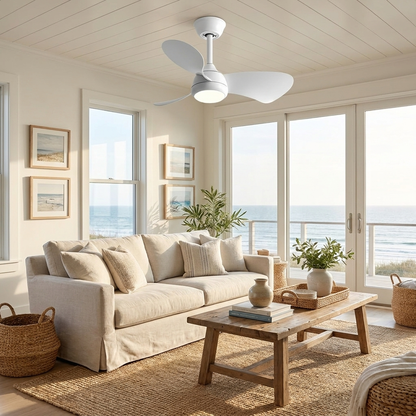 Manon retro Nordic ceiling fan with light in all white mounted in a bright coastal living room
