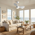 Manon retro Nordic ceiling fan with light in all white mounted in a bright coastal living room