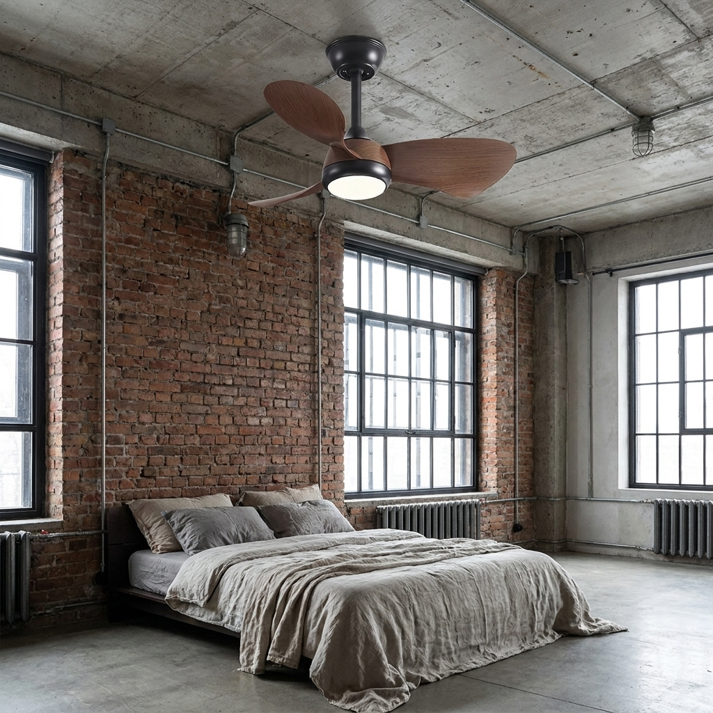 Manon black walnut ceiling fan with light in an industrial loft bedroom with exposed brick