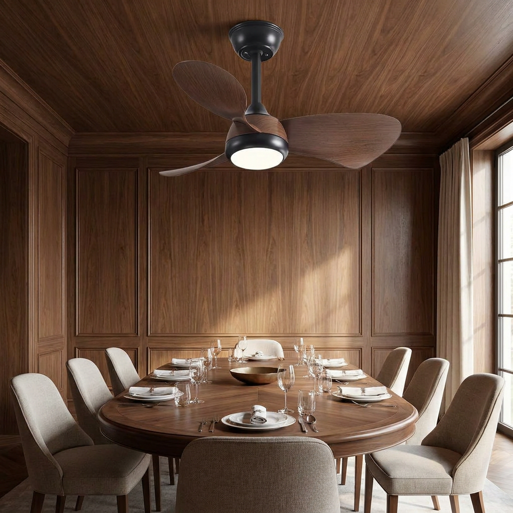 Manon black walnut ceiling fan with light in a walnut panelled formal dining room