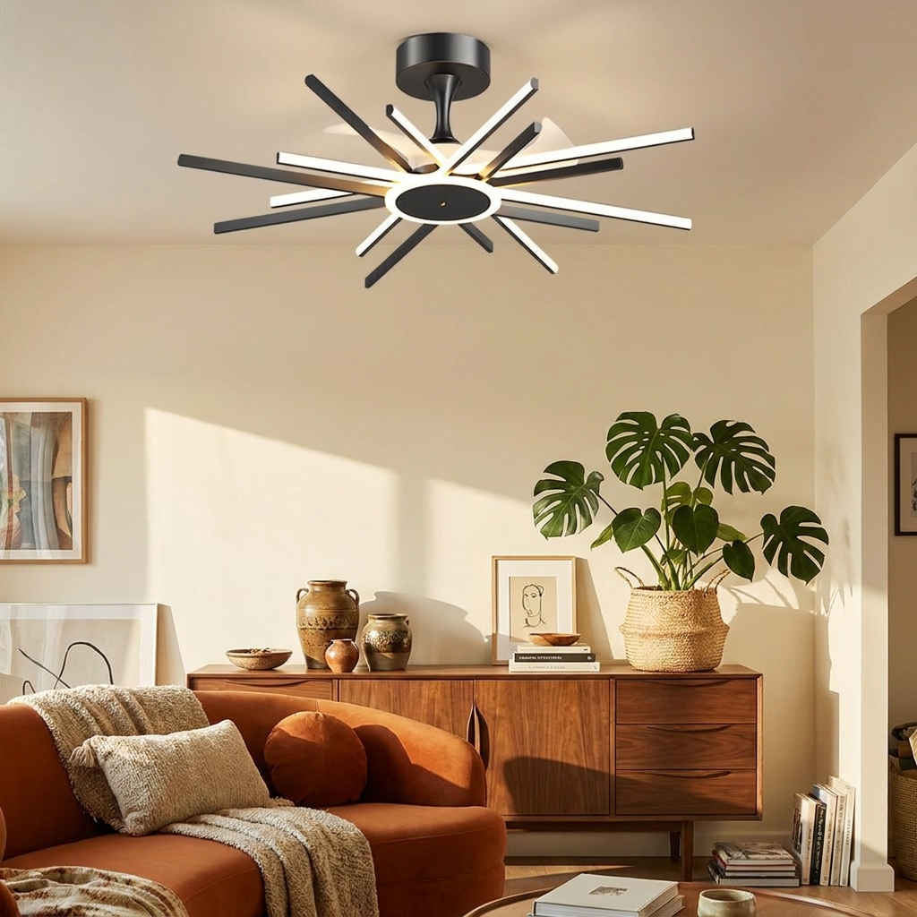 Astra Starburst black ceiling fan with light in a mid century living room