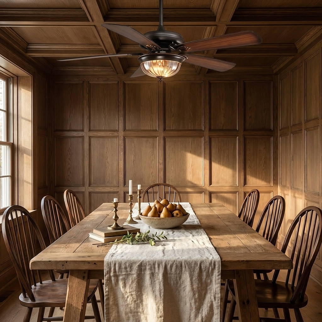 Kessel Country Retro wood blade ceiling fan in a panelled dining room