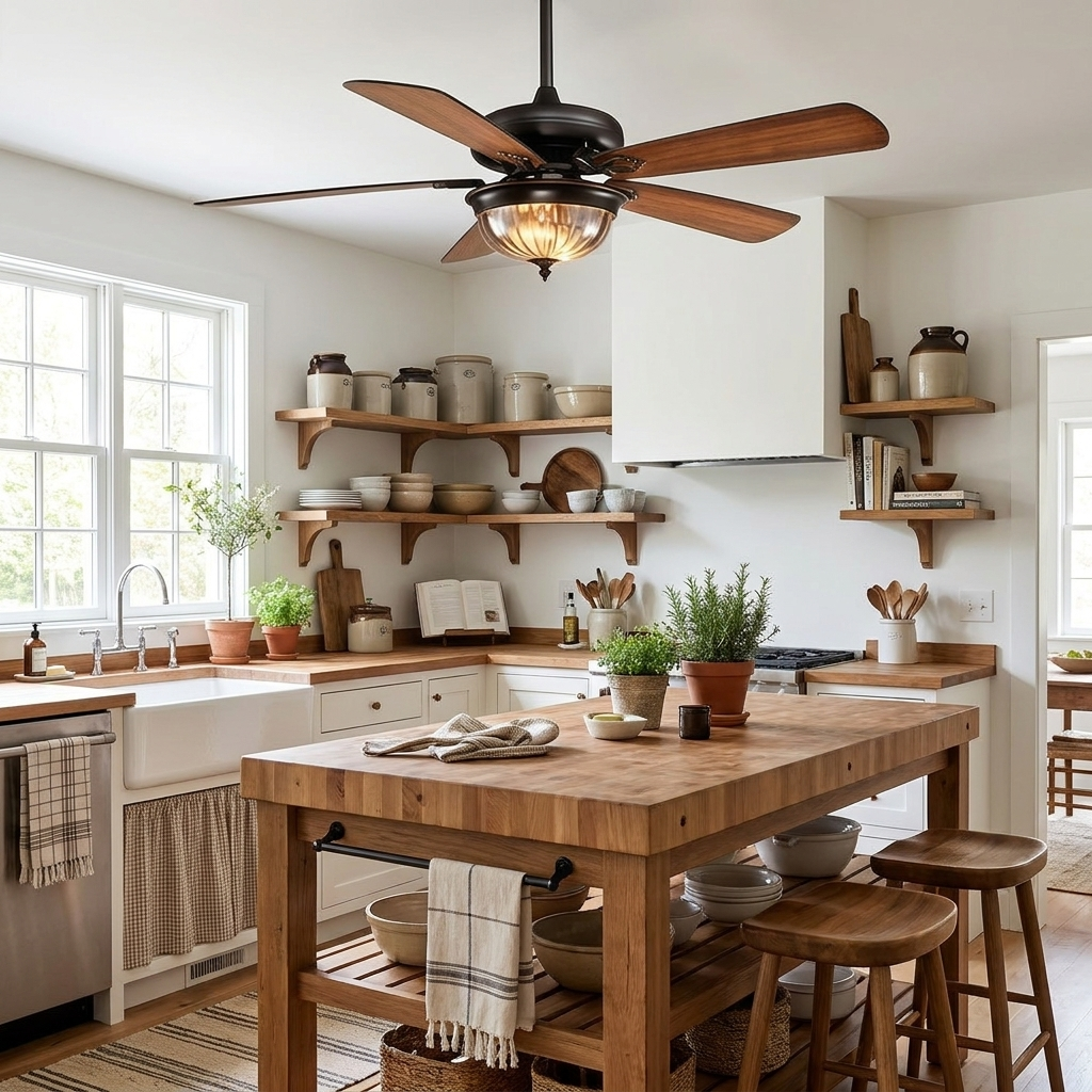 Kessel Country Retro ceiling fan with light in a bright farmhouse kitchen