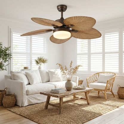 Quenby antique banana leaf ceiling fan light in a bright coastal living room