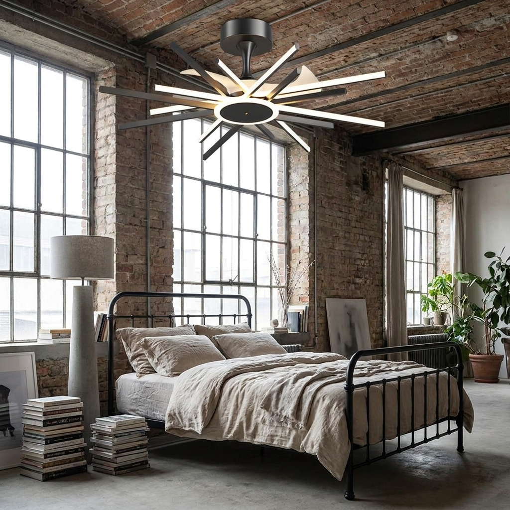 Astra Starburst black ceiling fan with light in an industrial loft bedroom