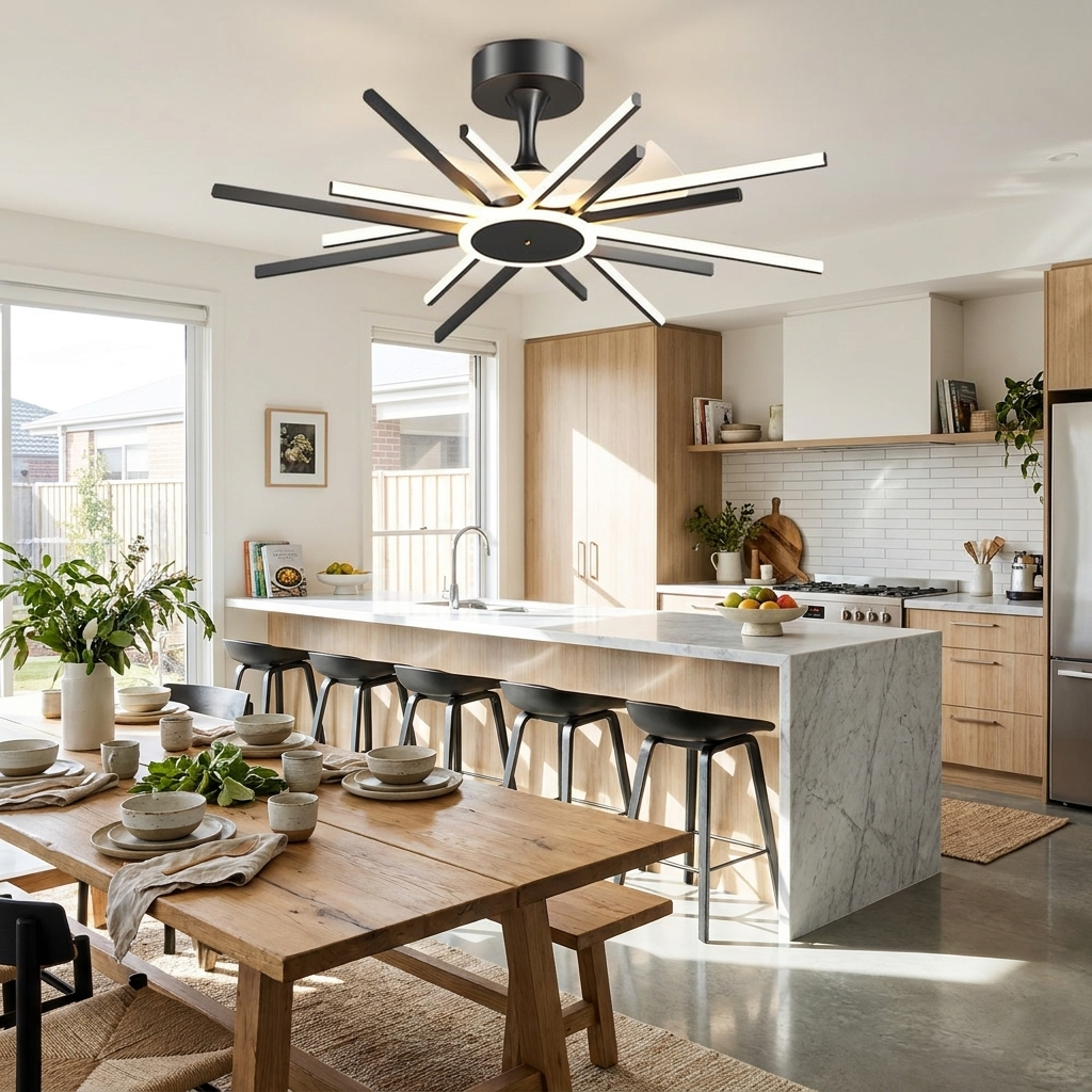 Astra Starburst black ceiling fan with light in an open plan kitchen diner