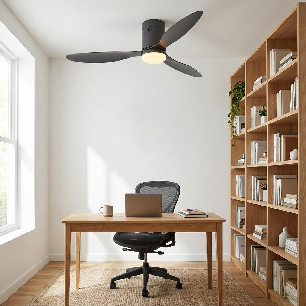 Dalen LED ceiling fan with light in a minimalist home office