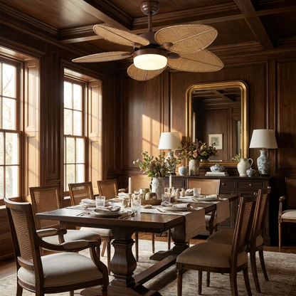 Quenby antique banana leaf ceiling fan light in a panelled dining room