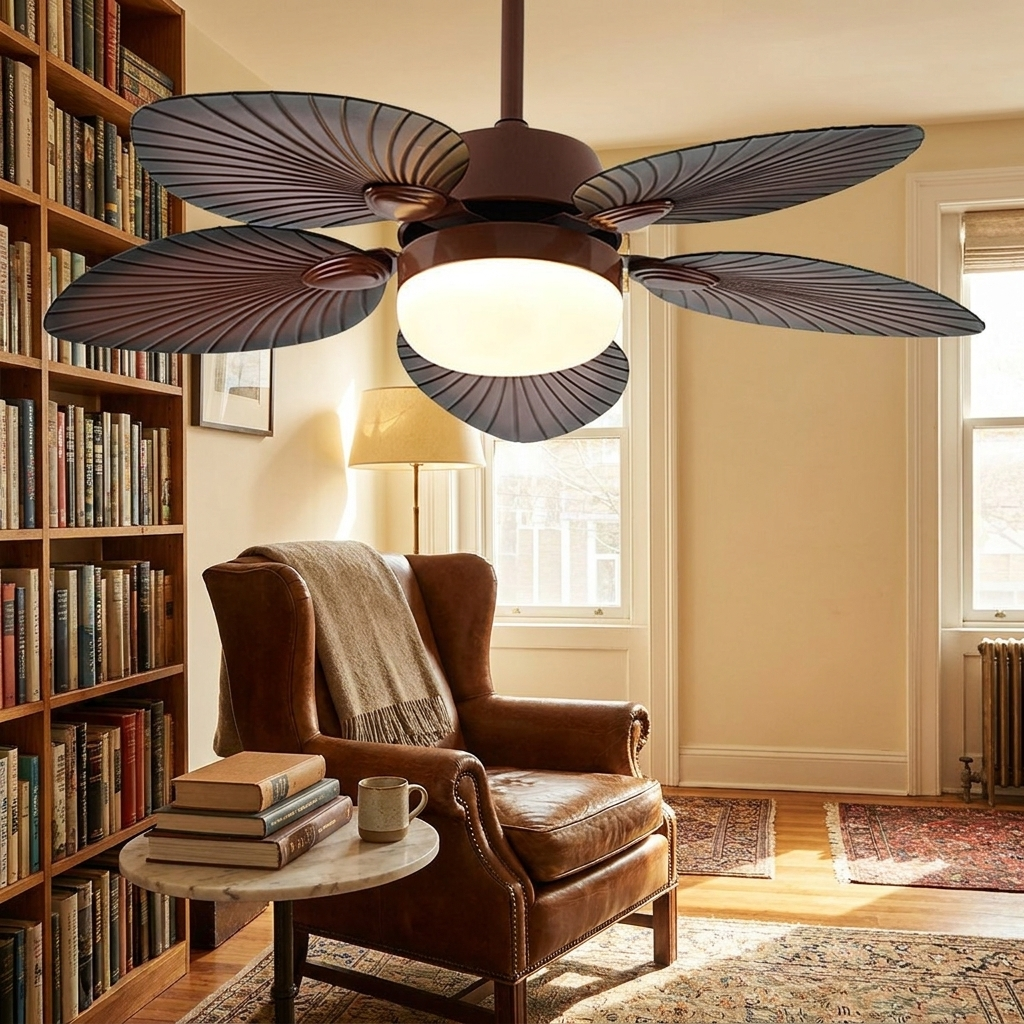 Quenby antique banana leaf ceiling fan light in a cosy reading corner