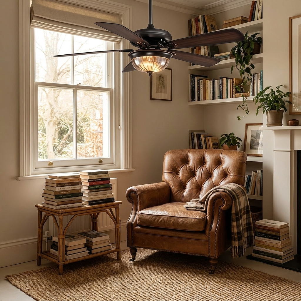 Kessel Country Retro ceiling fan light above a cosy reading corner armchair
