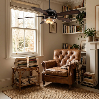 Kessel Country Retro ceiling fan light above a cosy reading corner armchair