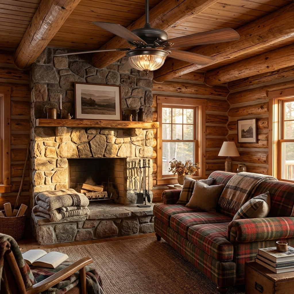 Kessel Country Retro ceiling fan with light in a rustic cabin lounge