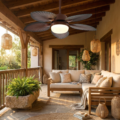 Quenby antique banana leaf ceiling fan light on a covered teak patio