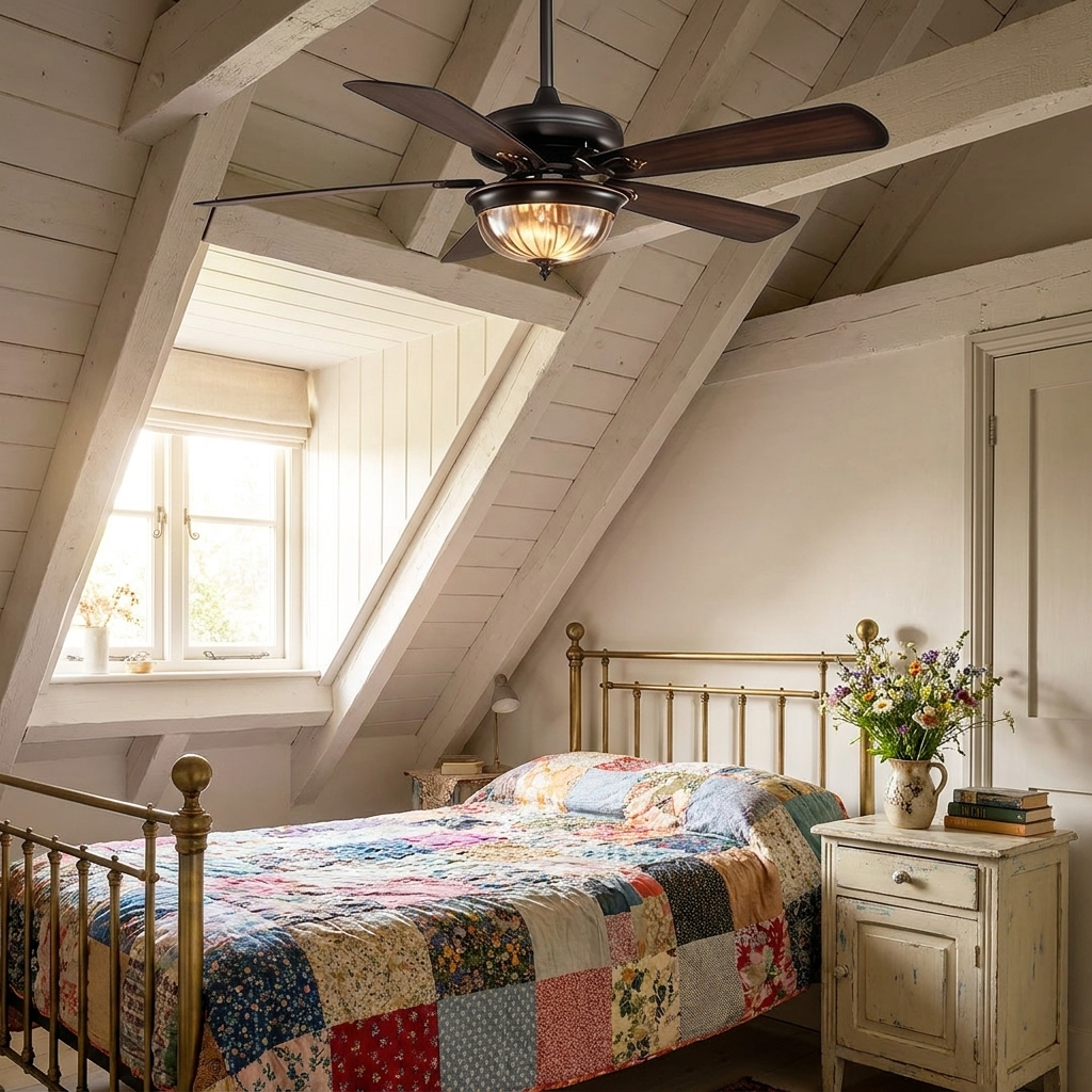 Kessel Country Retro ceiling fan light in an attic guest bedroom