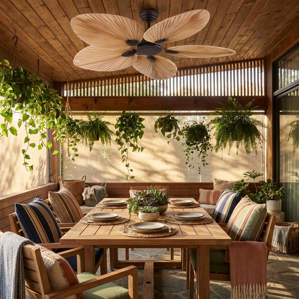 Fauve Palm Frond coffee ceiling fan on a teak covered patio