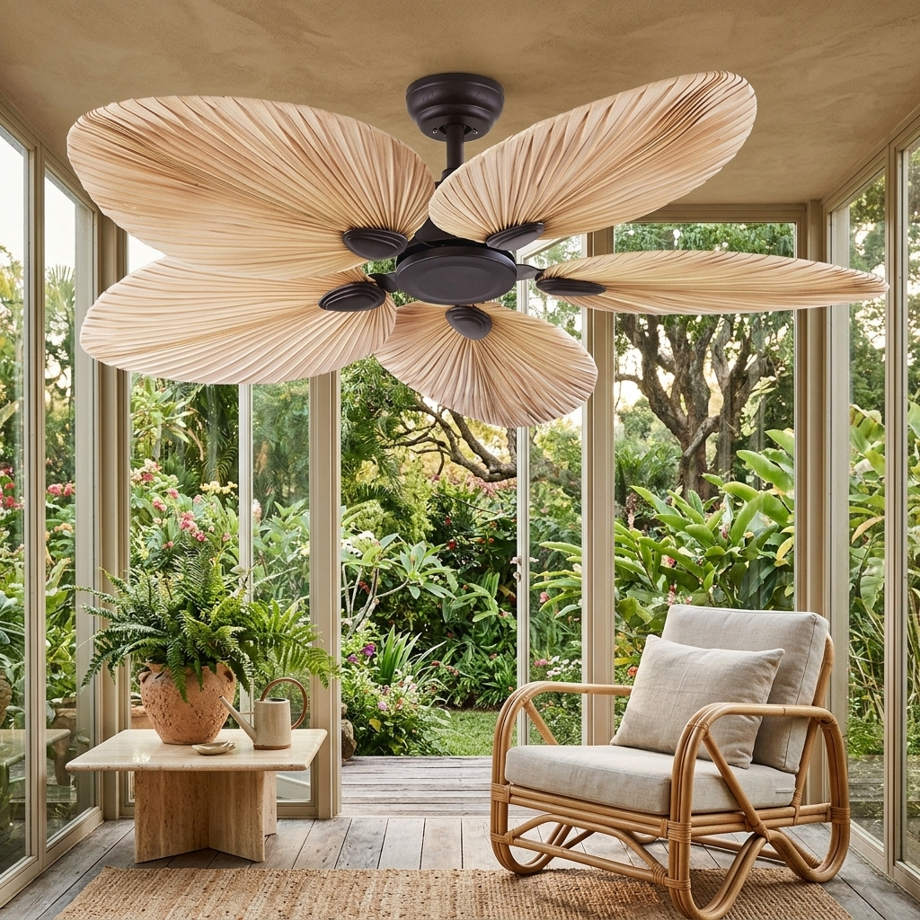 Fauve Palm Frond coffee ceiling fan in a bright garden sunroom