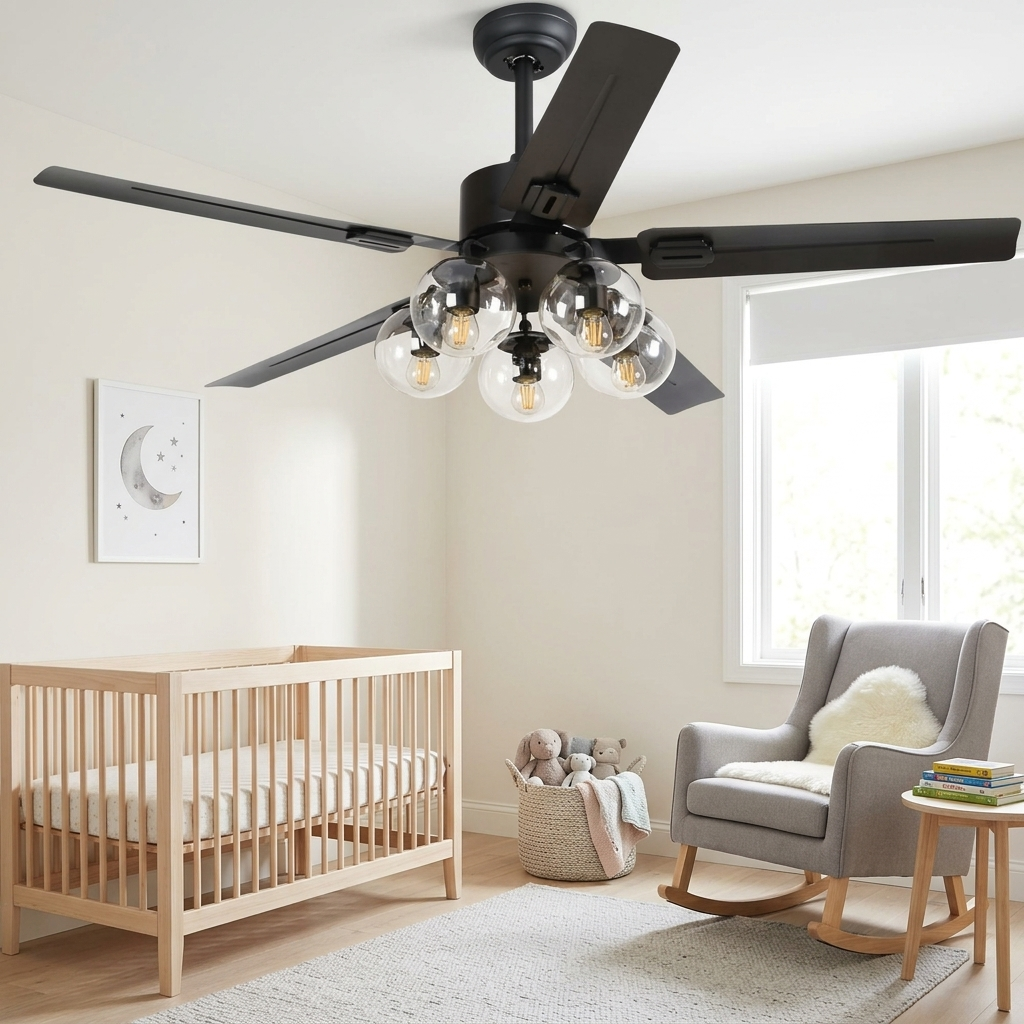 Emeric flush mount ceiling fan with light in a calm nursery