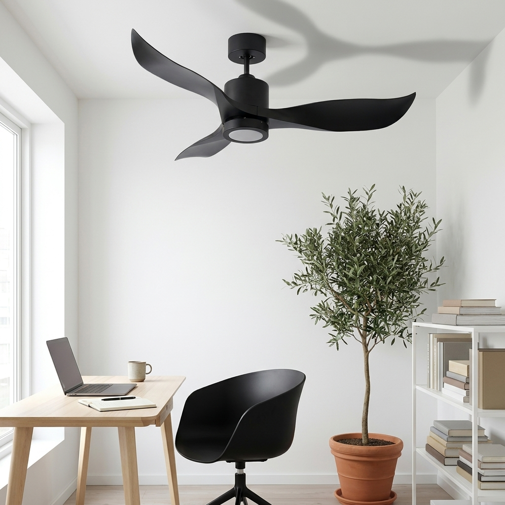 Merida Nordic black three blade ceiling fan with light in a minimalist home office
