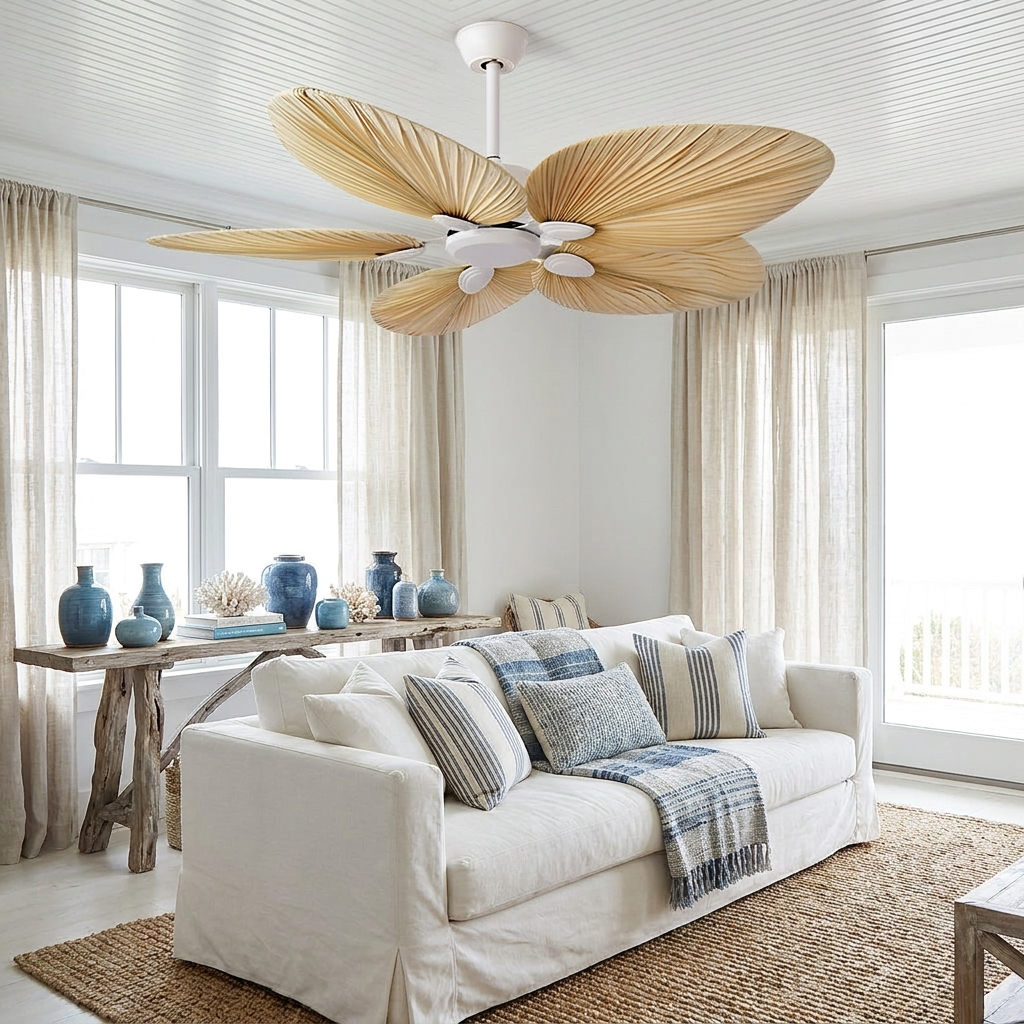 Fauve Palm Frond white ceiling fan in a coastal living room