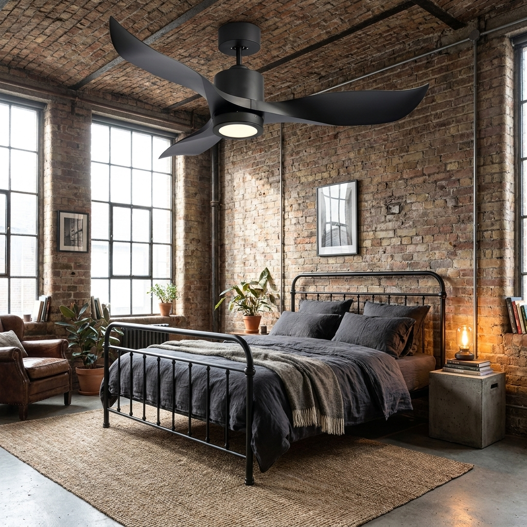 Merida Nordic black ceiling fan light in an industrial loft bedroom