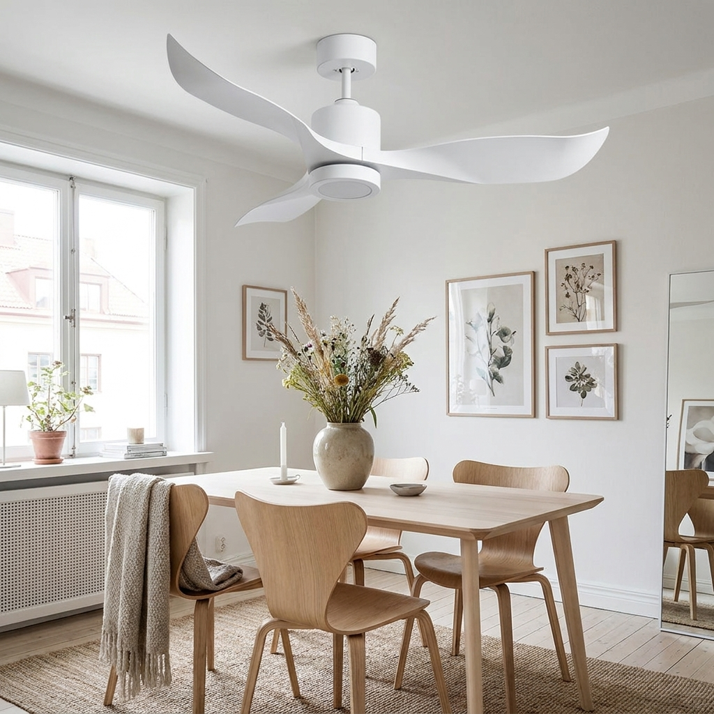 Merida Nordic white three blade ceiling fan in a Scandinavian dining room