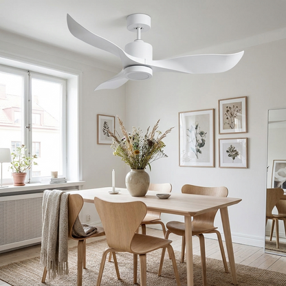 Merida Nordic white three blade ceiling fan in a Scandinavian dining room
