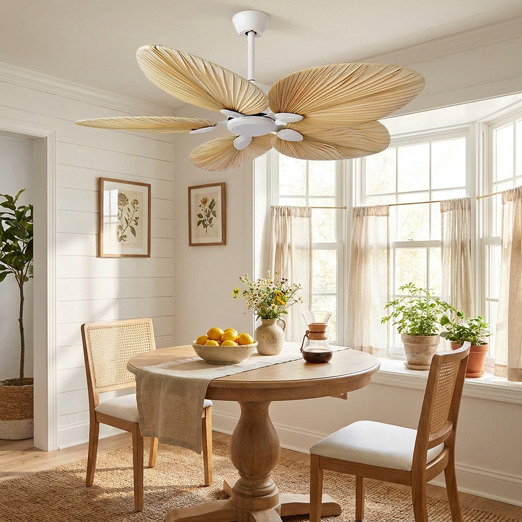 Fauve Palm Frond white ceiling fan over a sunny breakfast nook