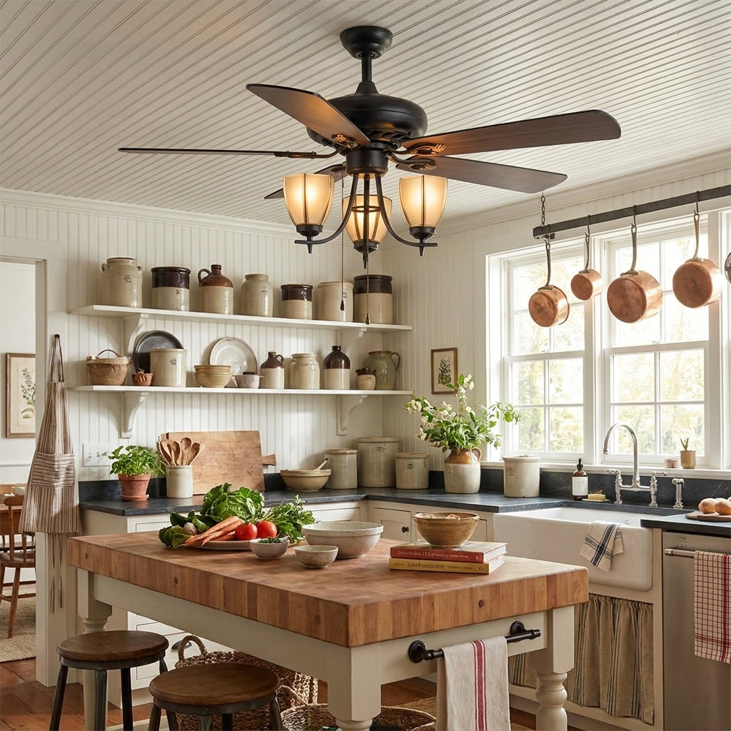 Faron vintage wood blade ceiling fan with light in a farmhouse kitchen
