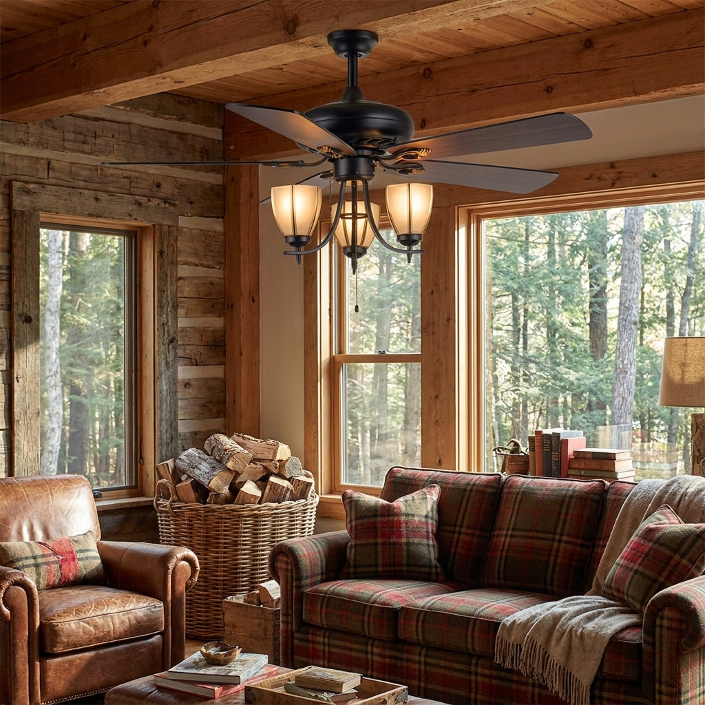 Faron rustic ceiling fan with light in a warm cabin lounge