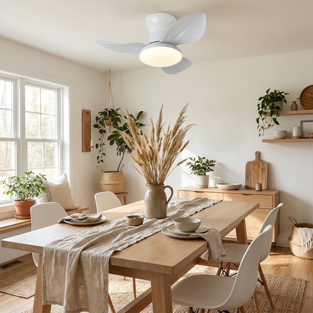 Rivelle white three blade ceiling fan light in a Scandinavian dining room
